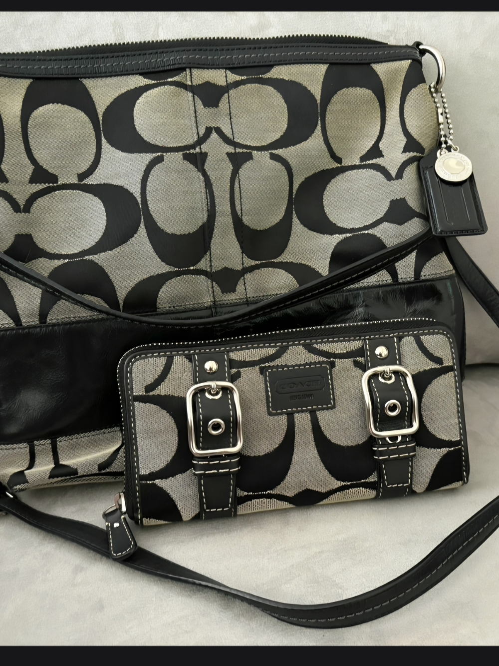 Coach Black and Beige Signature Canvas Shoulder Bag with Matching Wallet